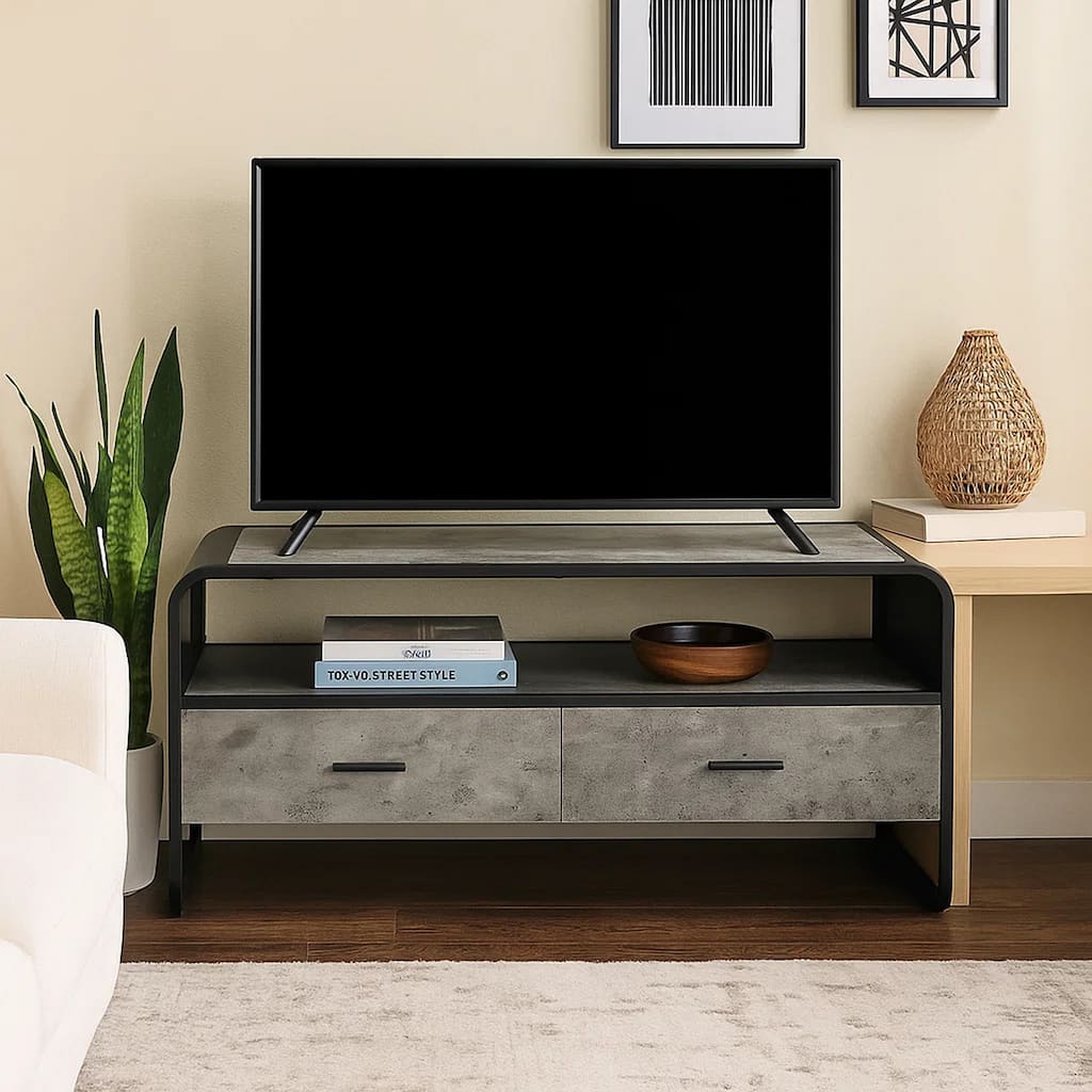 Ish 39 Inch Entertainment Center TV Stand, 2 Drawers, Wood, Grey, Black