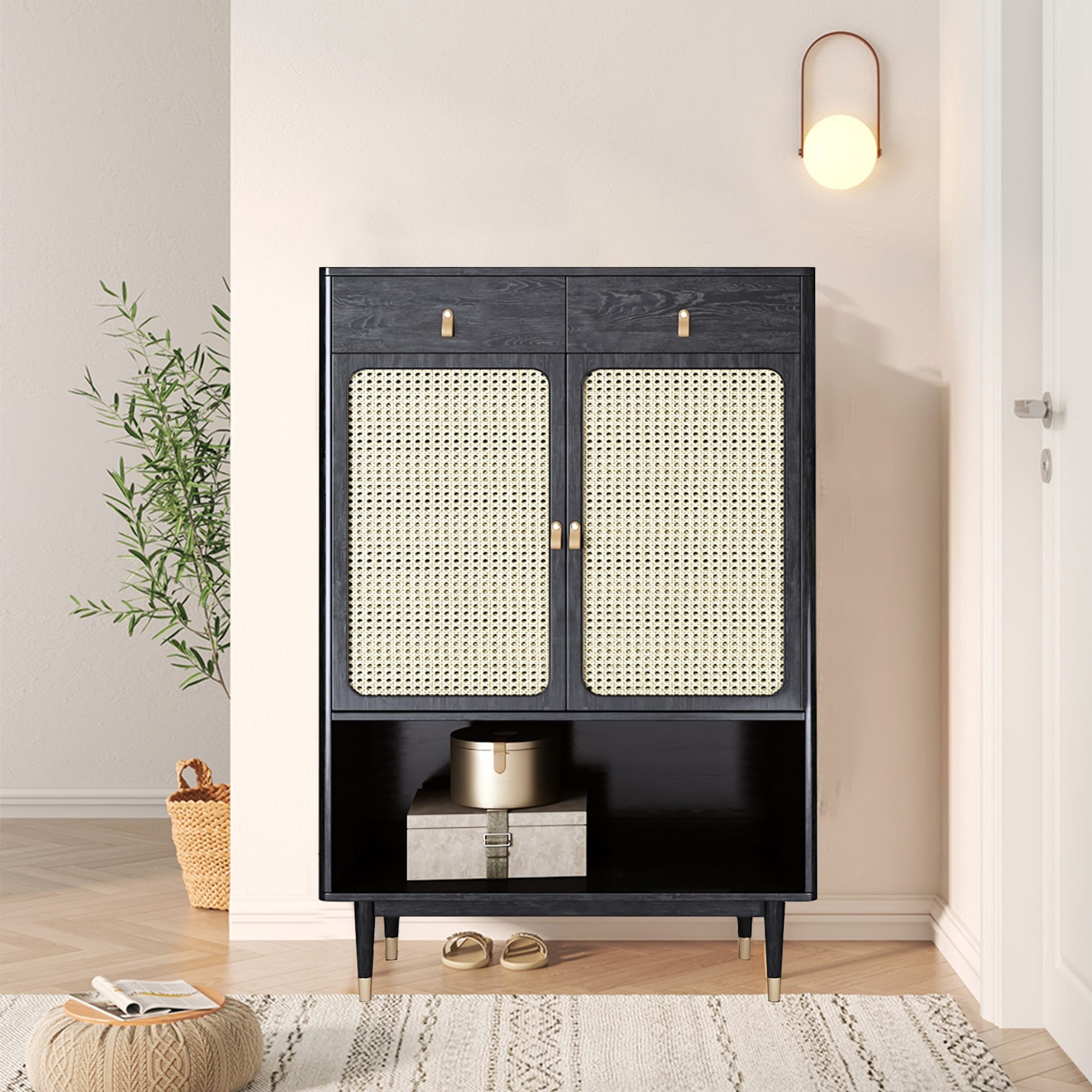 JASIWAY 3-Tier Storage Shoe Cabinet Kitchen Pantry Cabinet with Rattan Doors