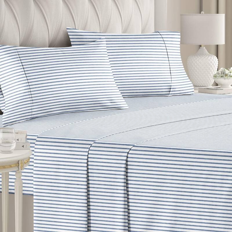 CGK Linens 4 Piece Solid Microfiber Deep Pocket Soft Bed Sheet Set - King - Blue Stripes 2