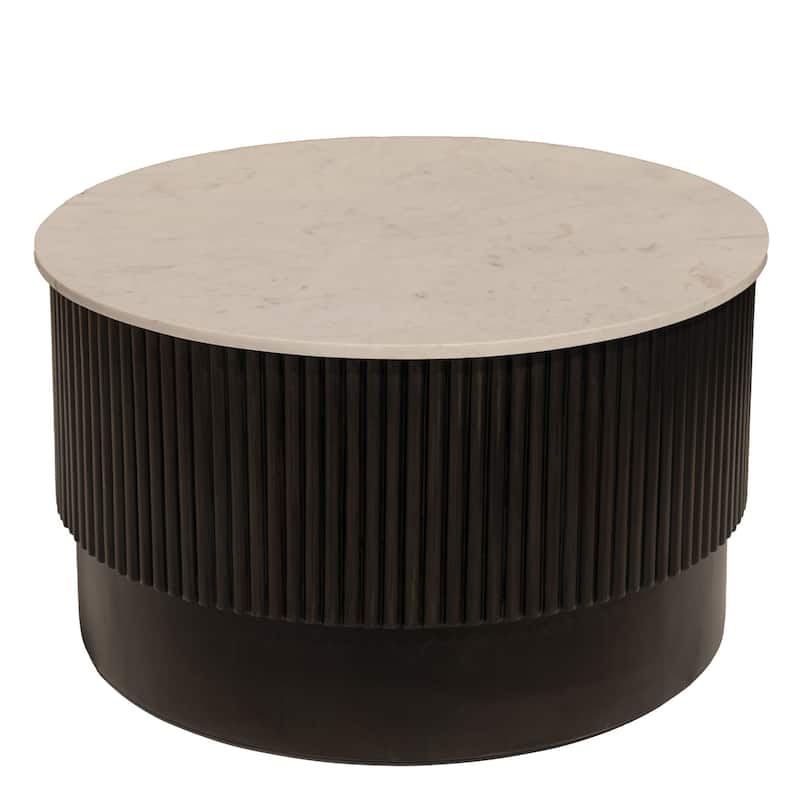 HomeRoots 31" White And Dark Brown Genuine Marble And Solid Wood Round Drum Coffee Table - 31' X '18' X '31