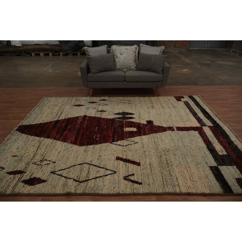Hand Knotted Oriental 100% Wool Carpet Modern Tribal Beige & Ivories Moroccan Area Rug - 9' 10'' X 8' 0''