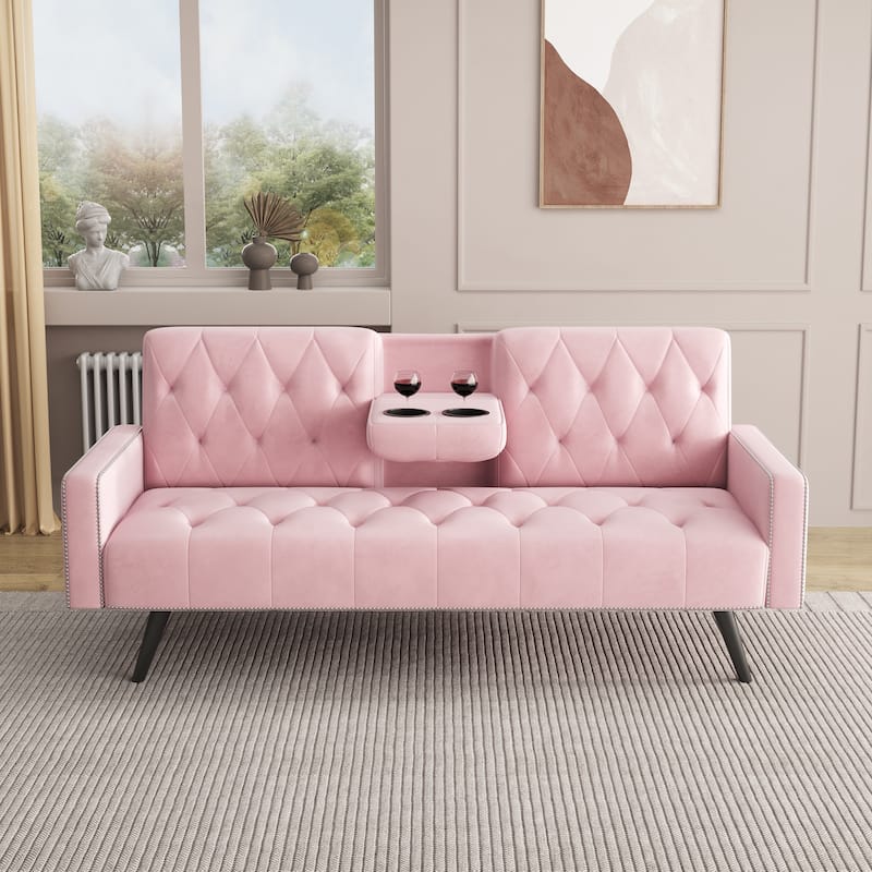 Luxurious Velvet Sofa Couch Convertible Loveseat Sleeper Sofa Couch with Tufted Backrest & Nailheads - Pink