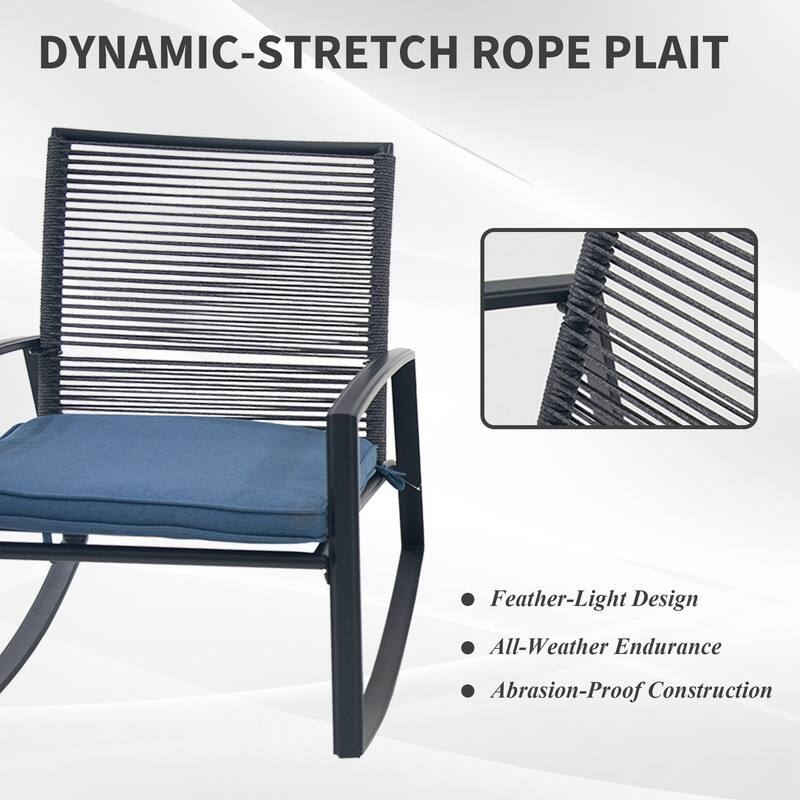 Domi Outdoor 3-Piece Wicker Rocking Chair Set, Patio Conversation Set with Removable Textilene Cushions & Metal Coffee Table