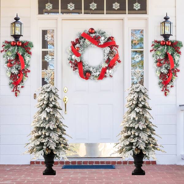Glitzhome 4FT/5FT PreLit Flocked Fir Artificial Christmas Potted Porch