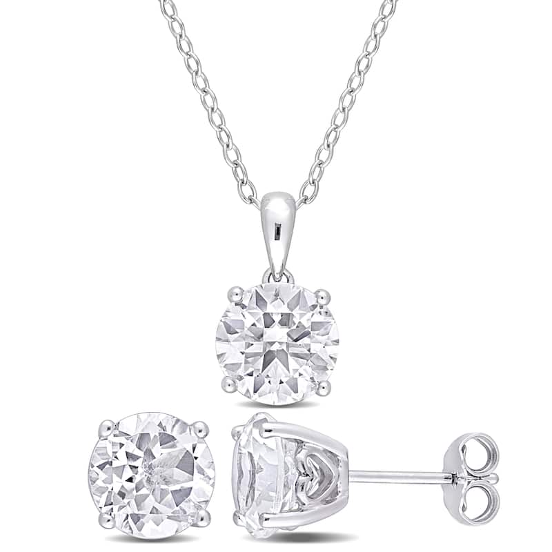 Miadora Gemstone Birthstone Earrings and Necklace Set Sterling Silver - White Topaz | April