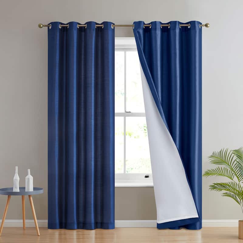 HLC.me Jefferson Faux Silk Semi Sheer Light Filtering Lined Grommet Window Curtain Bedroom, 2 Panels - 54 W x 84 L per panel - Set of 2 - Navy Blue