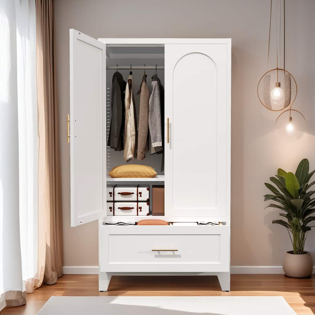 60" Tall Metal Wardrobe Cabinet with 1 Drawer and Hanging Rod, 2 Doors Wardrobe Closet with Shelf