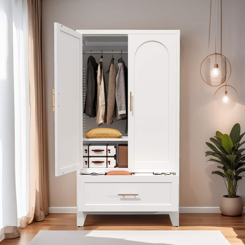 60" Tall Metal Wardrobe Closet Clothes Storage Cabinet with Folding and Hanging Areas, White