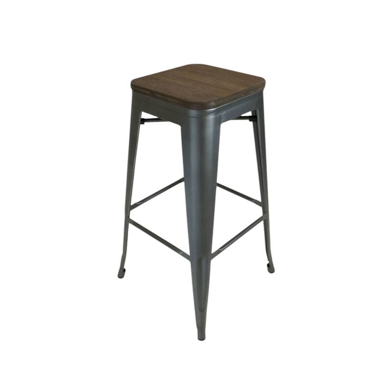 HomeRoots Set of Four 26" Brown and Gunmetal Solid Wood and Metal Backless Counter Height Bar Chairs