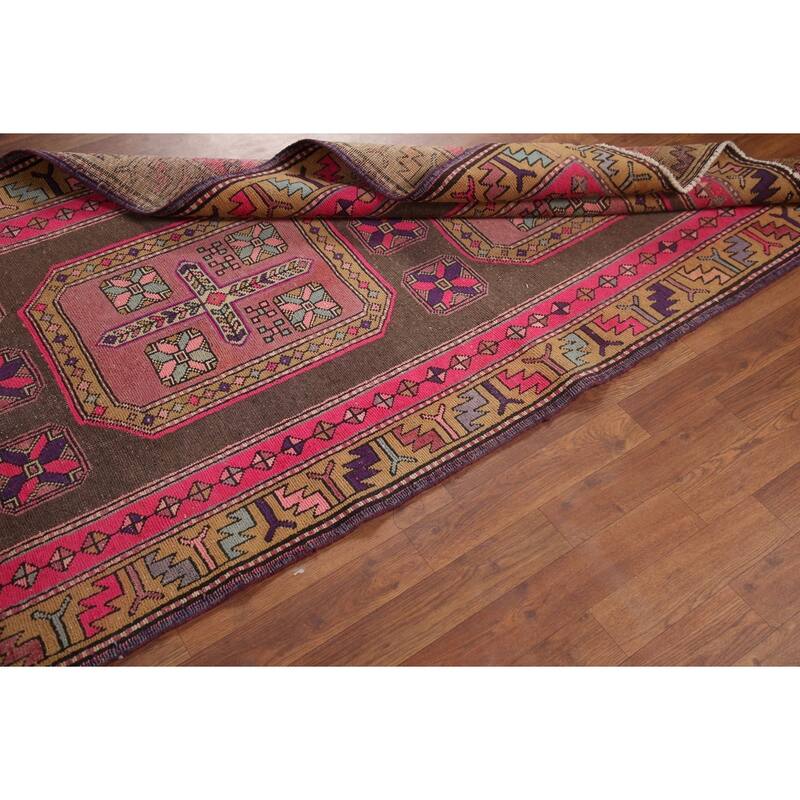Ardebil Persian Vintage Runner Rug Handmade Geometric Wool Carpet - 3'8" x 10'6"