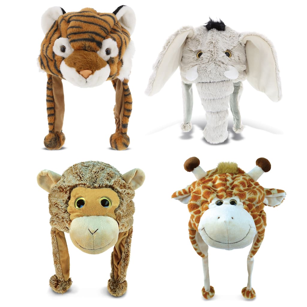 DolliBu Zoo Animal Plush Hat Set of 4 – Warm Hat with Ear Flaps - One Size