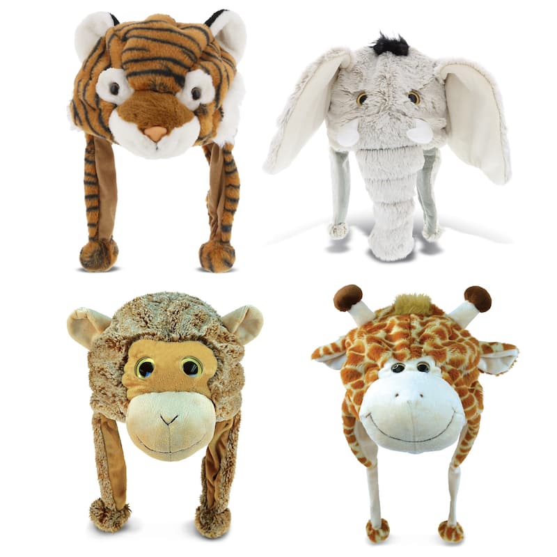 DolliBu Zoo Animal Plush Hat Set of 4 – Warm Hat with Ear Flaps - One Size