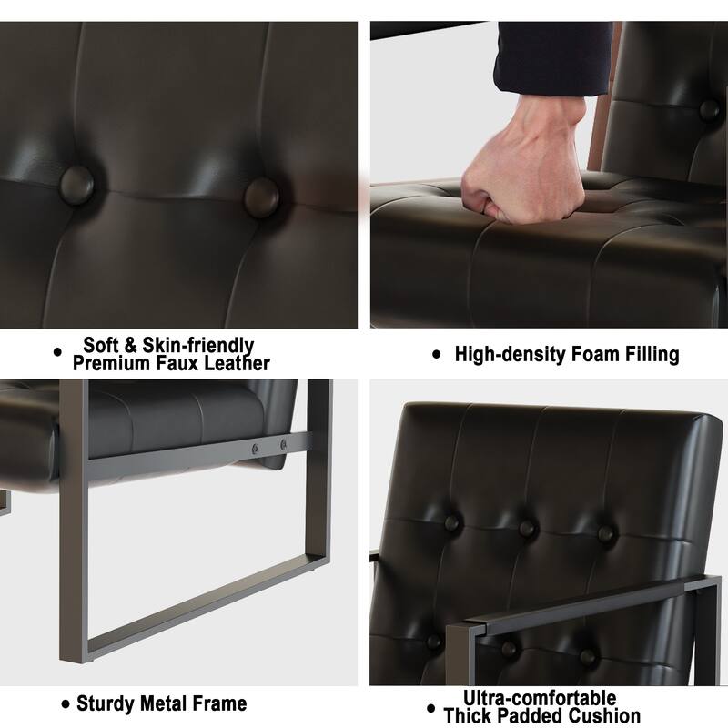 Mid-Century Style Faux Leather Accent Chair, Armchair with Steel Frame, Modern Single Sofa Chair for Living Room Bedroom Office