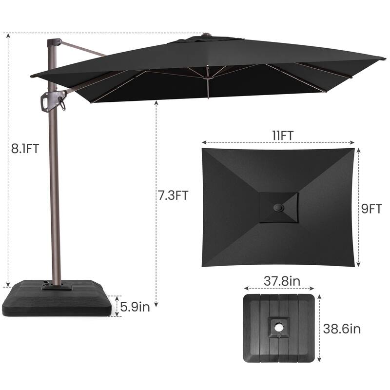 Outdoor 11 x 9 FT Patio 360 Degree Rotation Cantilever Umbrella with 4-Piece Umbrella Base
