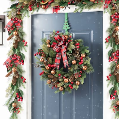 Glitzhome Christmas Bell Pinecone & Berry Bow Wreath Teardrop Garland Wall Decor