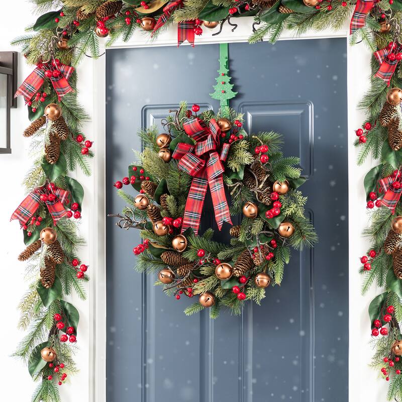 Glitzhome Christmas Bell Pinecone & Berry Bow Wreath Teardrop Garland Wall Decor