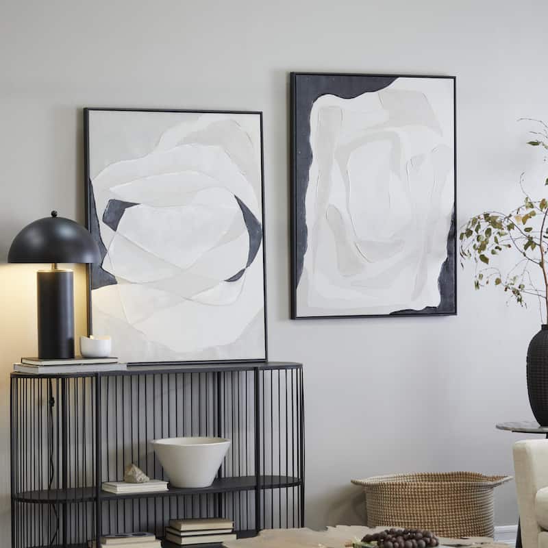 Canvas Abstract Framed Wall Art with Black Frame - Set of 2 White - Roche River Decor