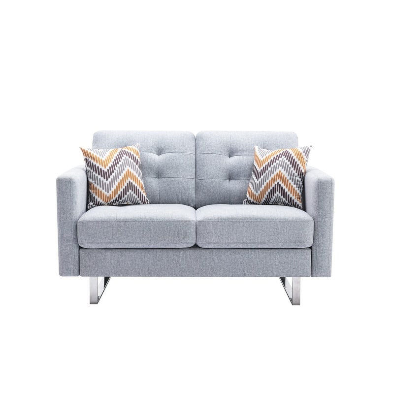 Linen Fabric Loveseat Chair Set, 2-Seater Sofa with Metal Legs, Small Loveseat Sofa with Side Pockets and Throw Pillows