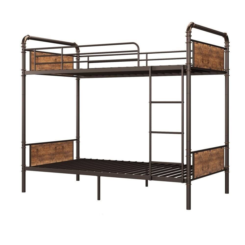 Metal Bunk Bed with Guardrail & Ladders, Space-Saving, Noise Free, No Box Spring Needed