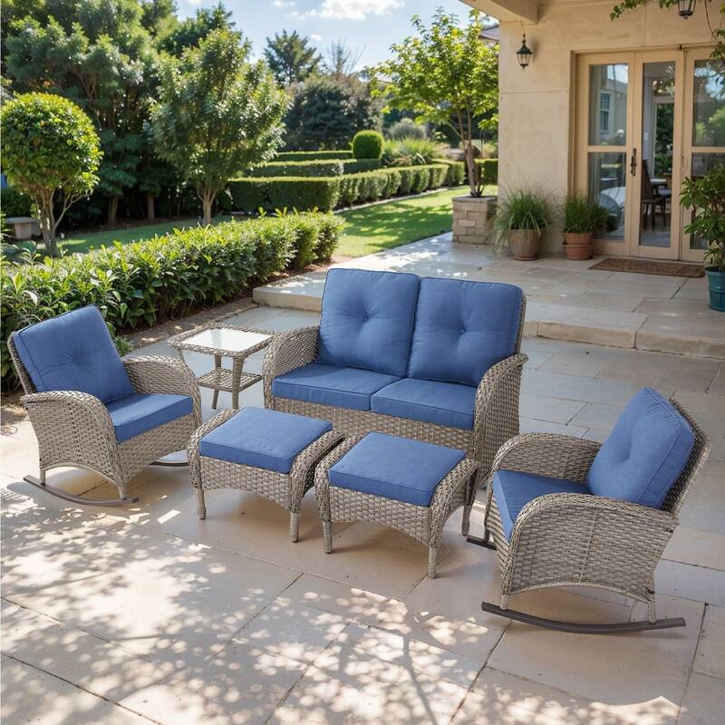 Pocassy 6 Pieces Glider Sofa with Rocker Chairs Ottomans Table - Gray Wicker - Blue cushion