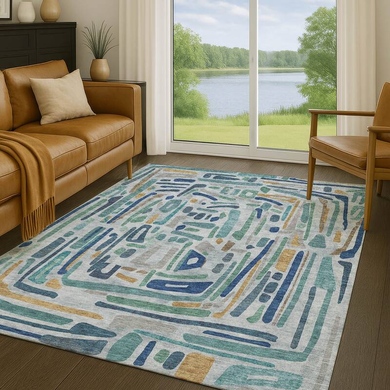 Machine Washable Indoor/ Outdoor Global Geo Chantille Rug