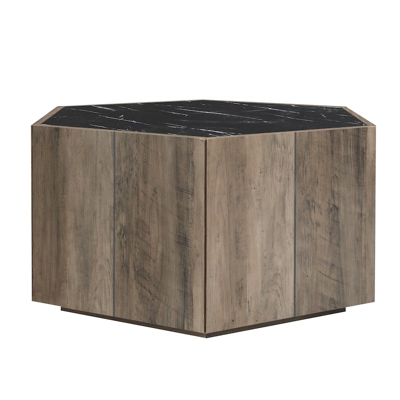 Hexagonal Coffee Table with 2 Hidden Drawers and Textured Marble Tops