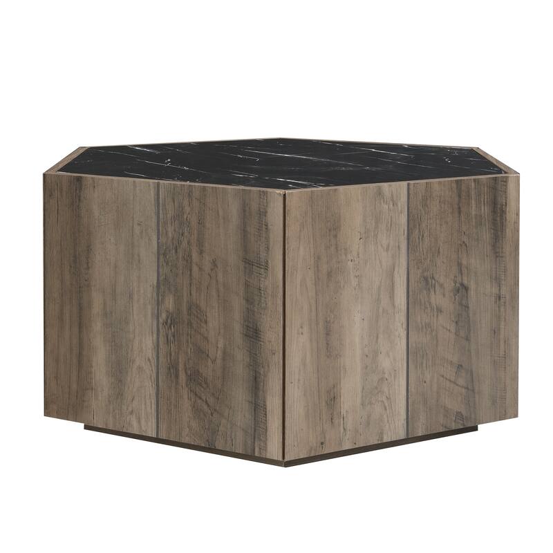 Hexagonal Rustic Retro Wood Coffee Table, with 2 Hidden Drawers, Textured White Marble Tops,Walunt Oak Finish - Perfect