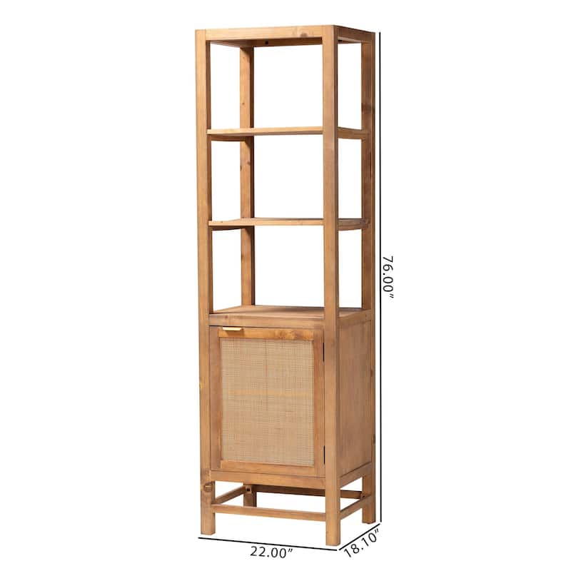 Sibu Storage Cabinet with Rattan Door - Tall Accent Display Tower with Open Shelves and Cabinet for Living Room or Bedroom