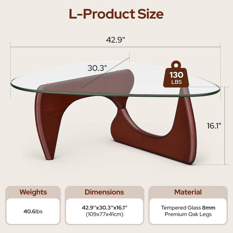 Mid Century Triangle Coffee Table Tempered Glass Top With Rubber - Dark Walnut L Size