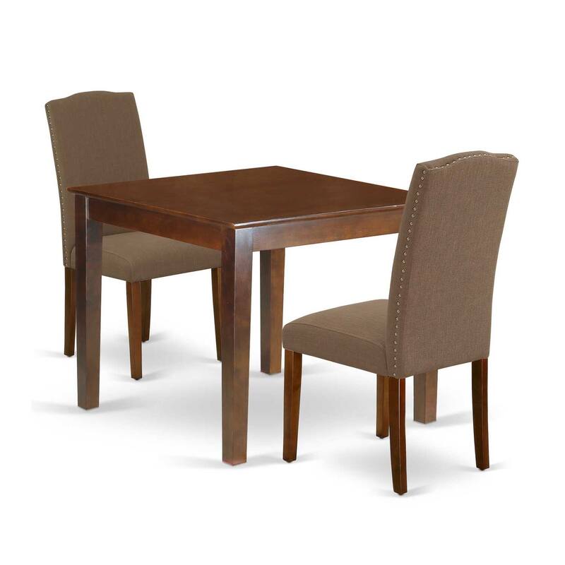 Coastal Dining Set 3Pc Square Table & 2 Parson Chairs - Linen Fabric, Dark Coffee Finish