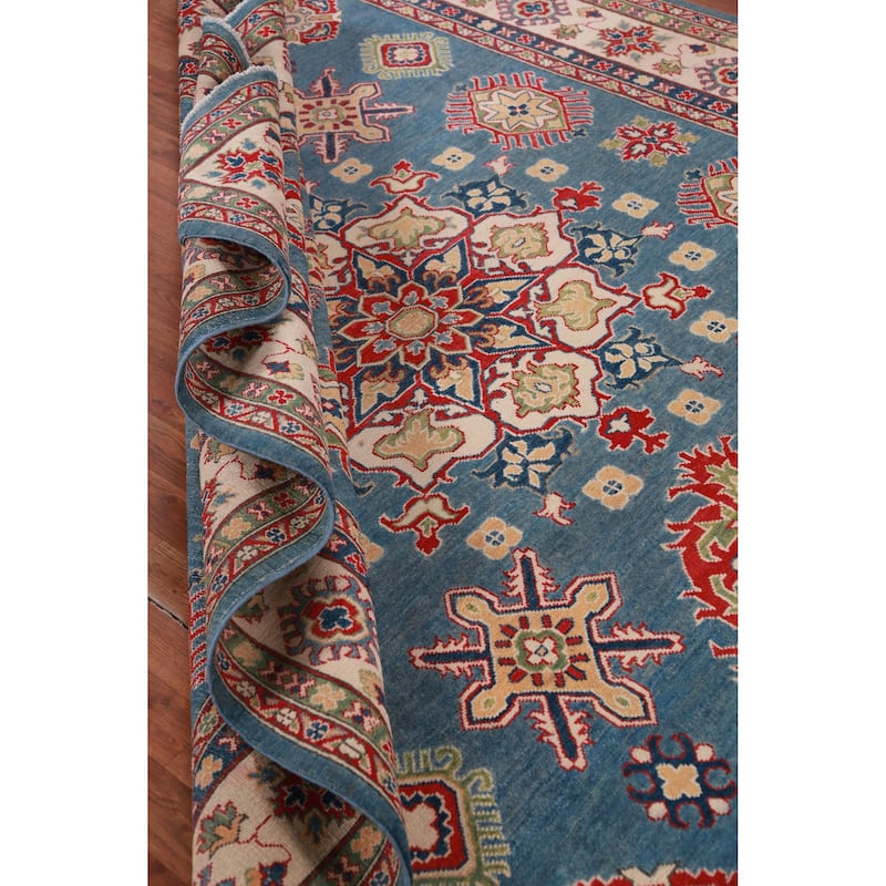 Hand Knotted Oriental 100% Wool Carpet Traditional Medallion Navy Blue & Blues Kazak Area Rug - 9' 11'' X 7' 10''