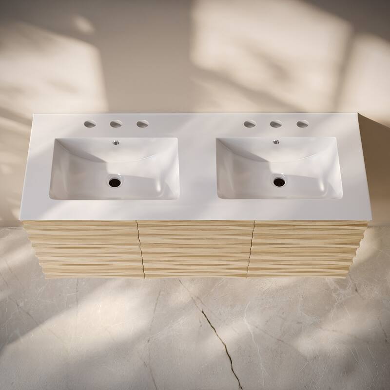 Cascade 48" Wall-Mounted Bathroom Vanity In Natural Oak With 3-Hole Widespread Double Basin Sink Top - 48