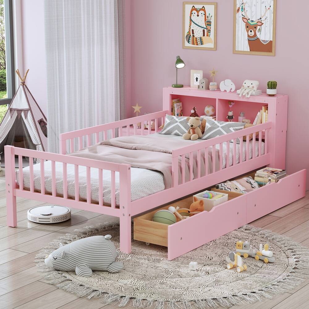 Twin Size Storage Bed with Bookcase Headboard, 2 Under-Bed Drawers, and Guardrails
