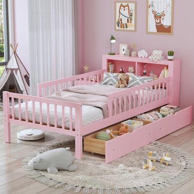 Twin Size Platform Bed with Built-In Headboard Shelves, Safety Guardrails & 2 Storage Drawers, Space-Saving Wood Frame