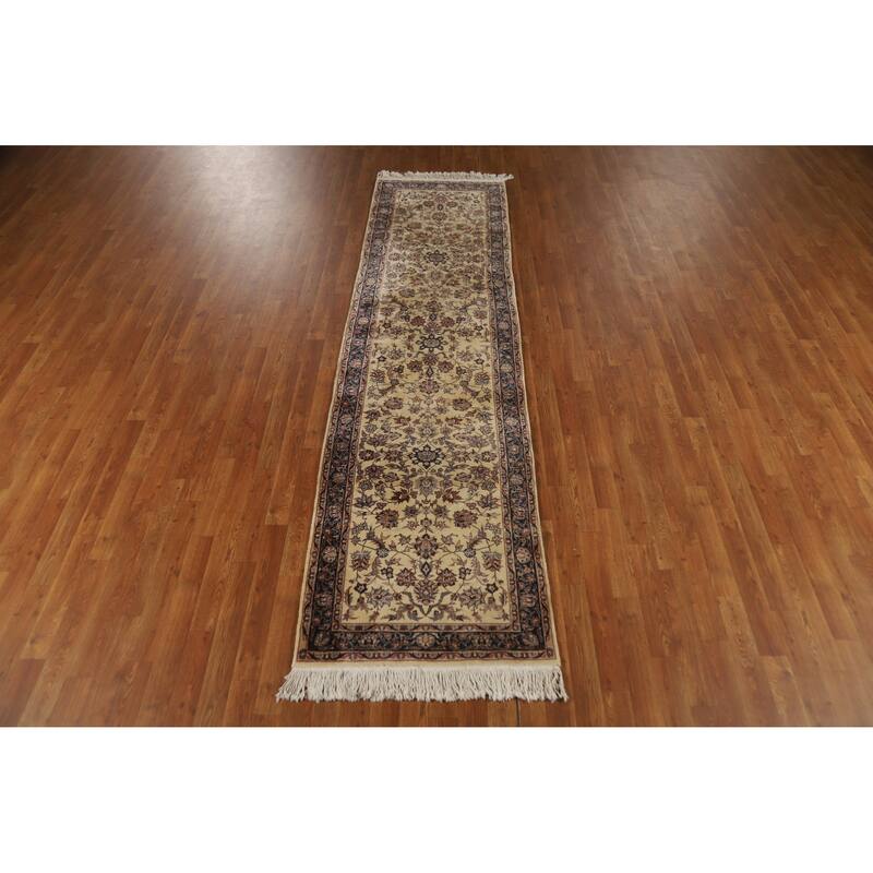 Hand Knotted Oriental 100% Wool Carpet Traditional Floral Beige & Ivories Kashan Runner Rug - 10' 0'' X 2' 7''