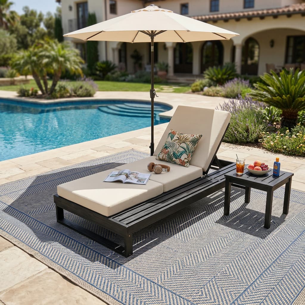 Christopher Knight Home - Modern Outdoor Acacia Wood Chaise Lounge with 4-Position Adjustable Backrest & 2-Fold Cushion