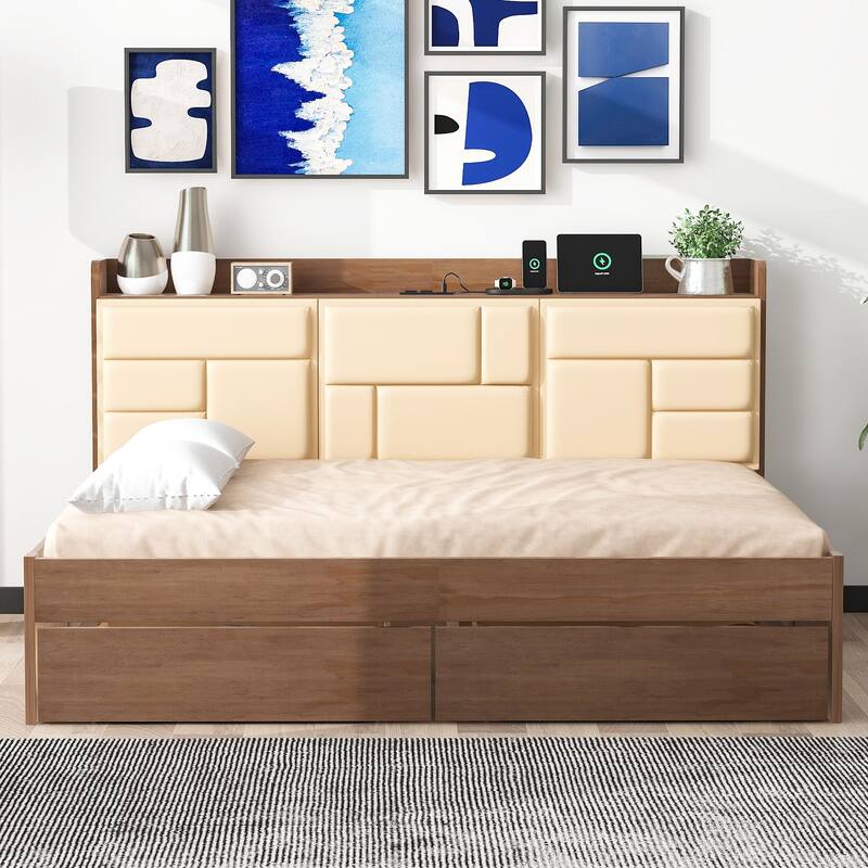 Full Size Wood Daybed with Upholstered Headboard, USB & Drawers