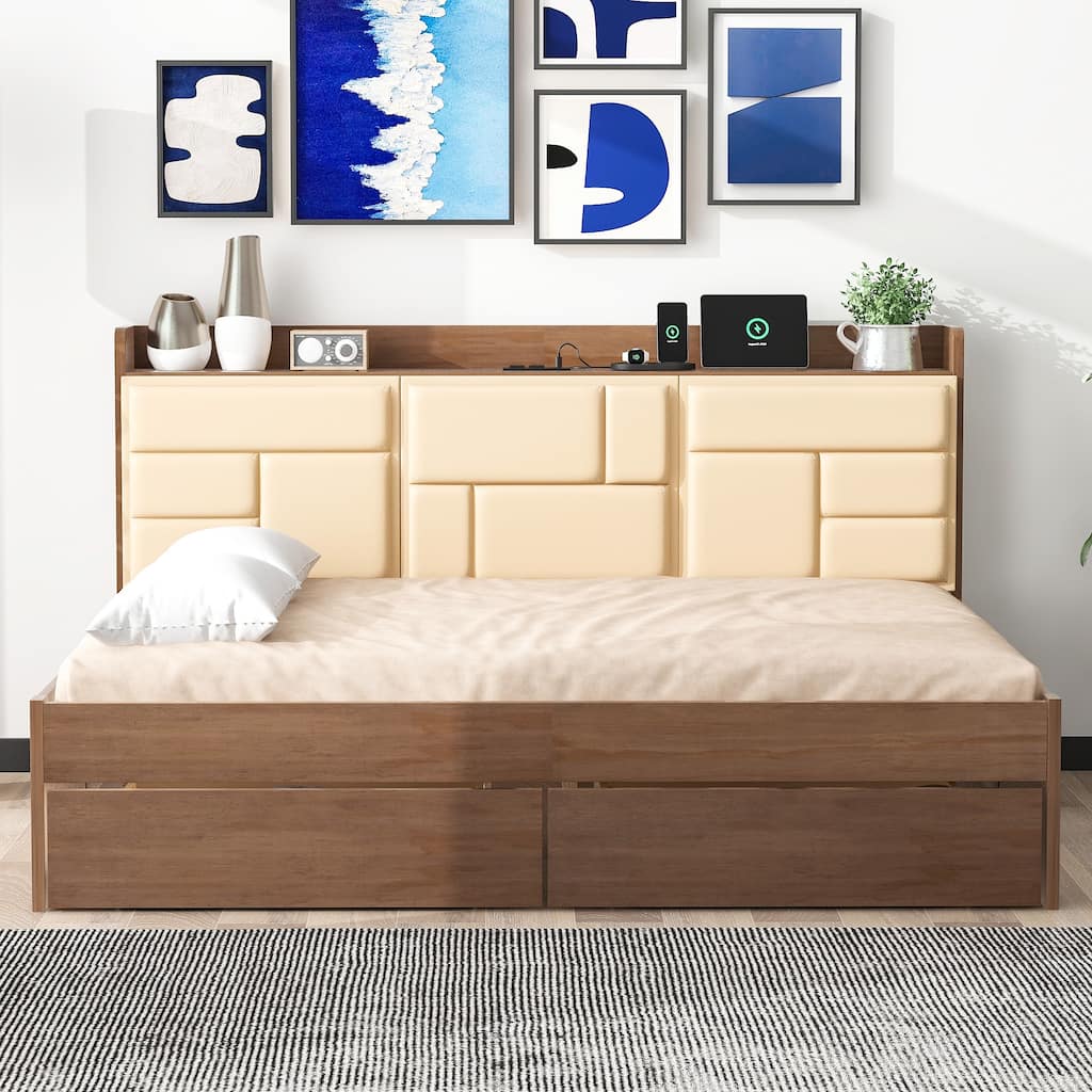 Wood Daybed with Upholstered Storage Shelves