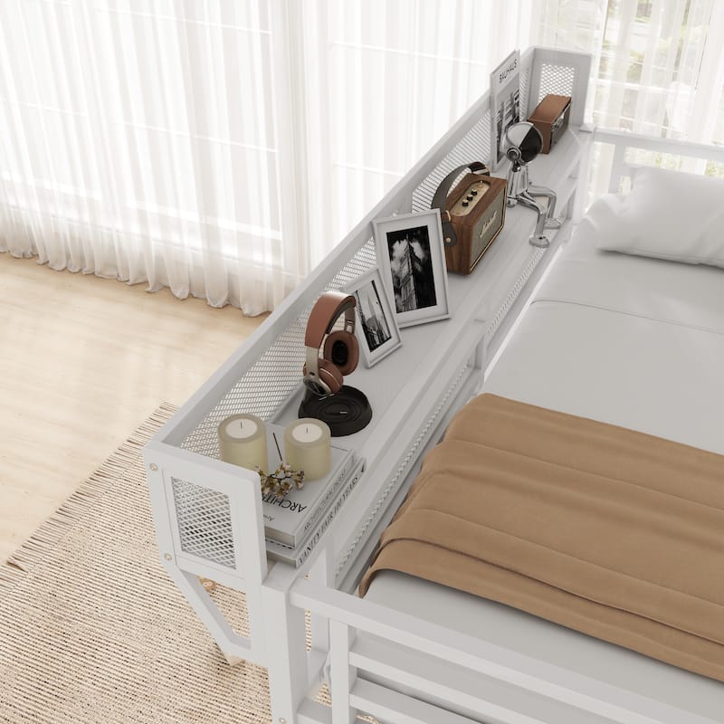 Iron Loft Bed Frame with Desk, Charging Station, Bedside Shelf and Wardrobe, Heavy Duty Metal Loftbed with LED Lights