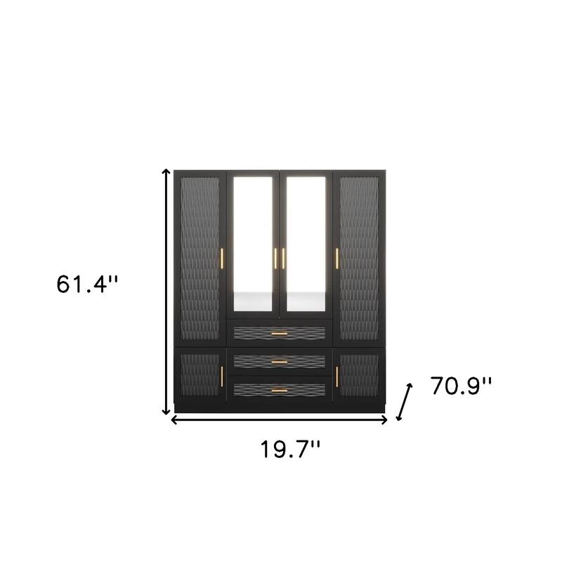 HomeRoots 71" Black Gray And Gold Carved Geometric Mirrored Six Door Three Drawer Combo Dresser