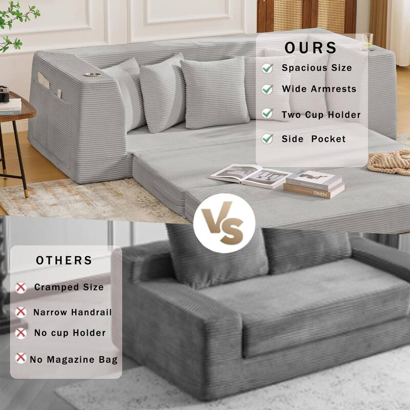 2 in 1 Convertible Sofa Bed, Sleeper Sofa with Storage Pockets, Pull Out Loveseat Couch with Two Cup Holders