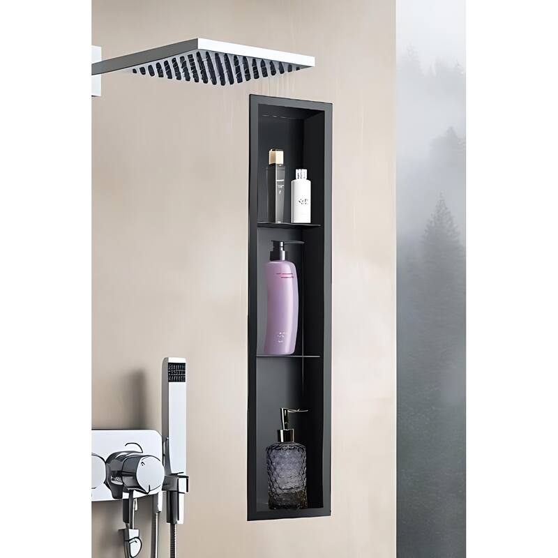 36.02"x7.87"x3.93" Black Stainless Steel Layered Rectangular Recessed Shower Niche 18 Gauge