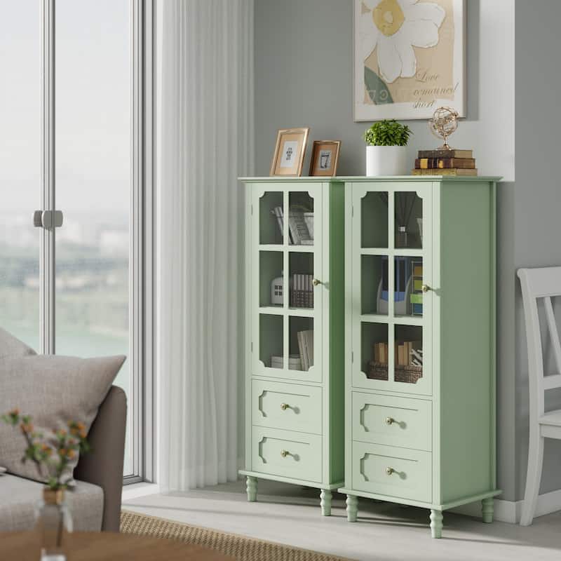 Buffet Cabinet with Glass Doors & 2 Drawers, Multi-Functional Wooden Storage Cabinet, Accent Cabinet with Solid Wood Legs - Mint Green