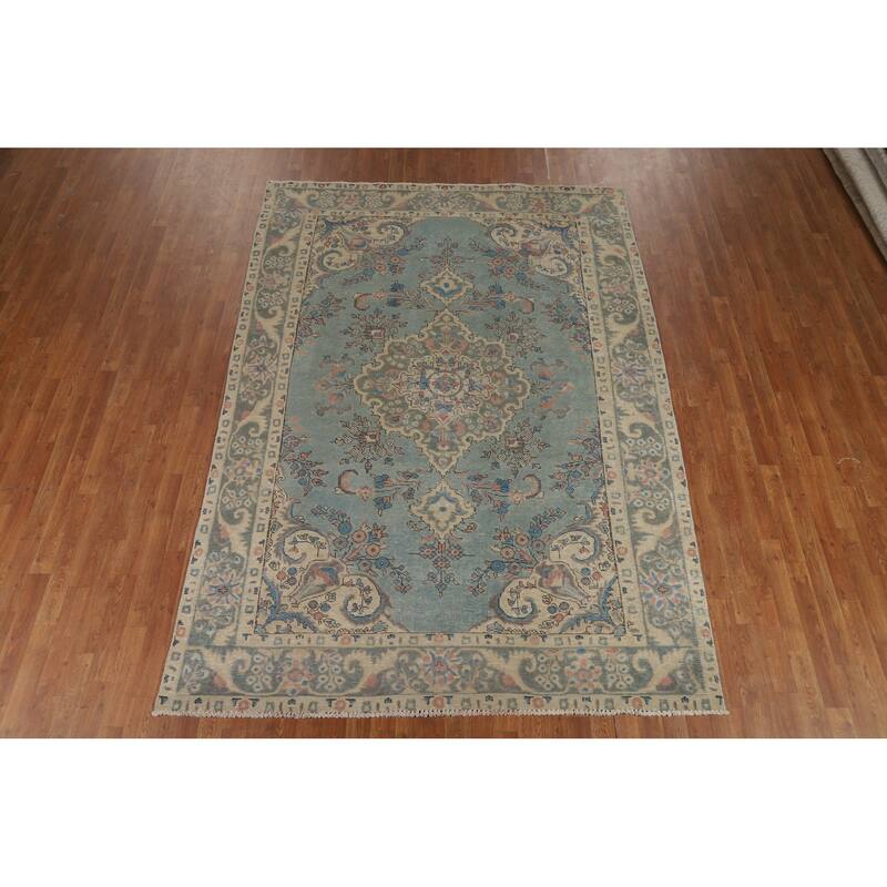 Light Blue Traditional Tabriz Persian Area Rug Handmade Wool Carpet - 6'5"x 9'5"