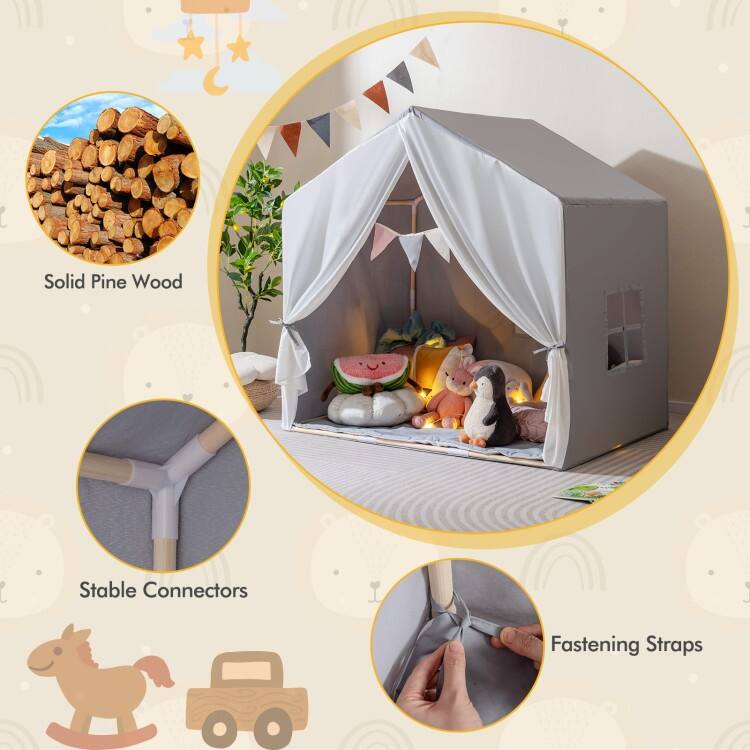 Kid's Play Tent with Washable Cotton Mat and Flag Banner - 52" x 36" x 51.5" (L x W x H)