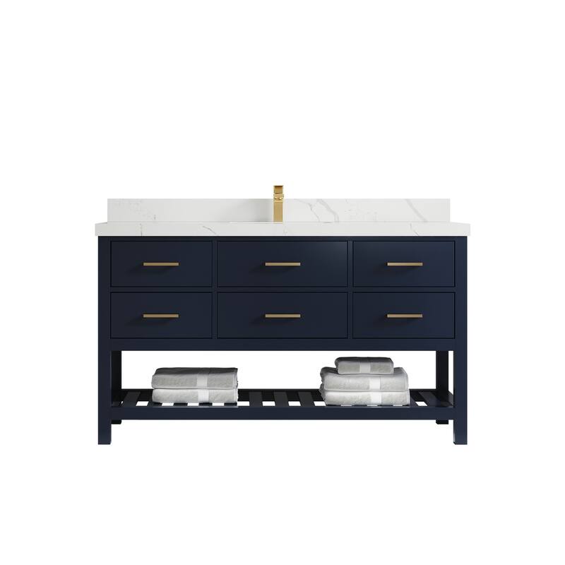 Willow Collections 60 in. W x 22 in. D Parker Single Sink Bathroom Vanity with Countertop - 2" Calacatta Laza - Navy Blue