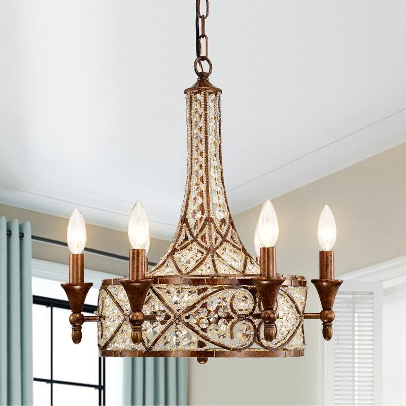 Kimo 6-light Spain Bronze Finish Scroll and Crystal Chandelier Ceiling Light - Spanish-Bronze