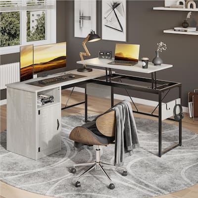 95.2" L Shaped Desk Lift Top Sit to Stand Corner Computer Desk with Cabinet