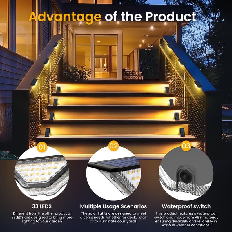 10 Pack Warm White Solar Step Lights Outdoor Waterproof IP65