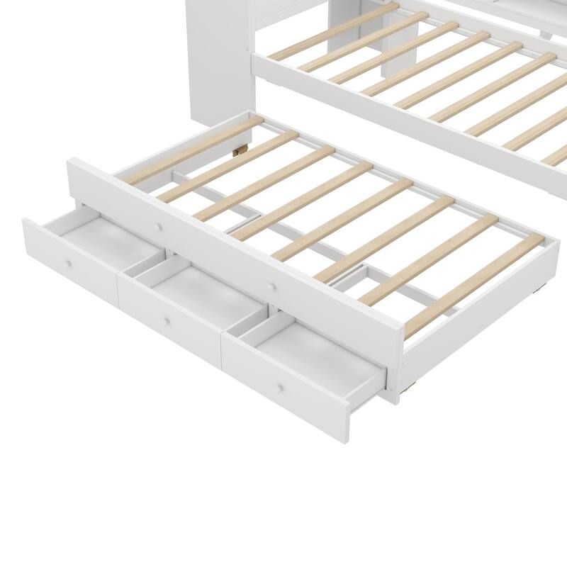 Roomfitters Twin/Full Size Wood Daybed with Trundle, Storage Drawers, Side Shelves & Built-in Desk, No Box Spring Needed